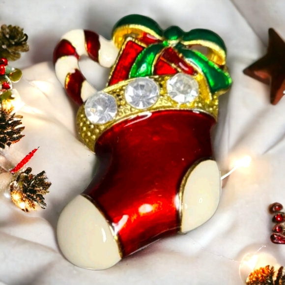 80th Vintage Enamel & Rhinestone Christmas Stocking Candy Cane Brooch - Picture 2 of 6